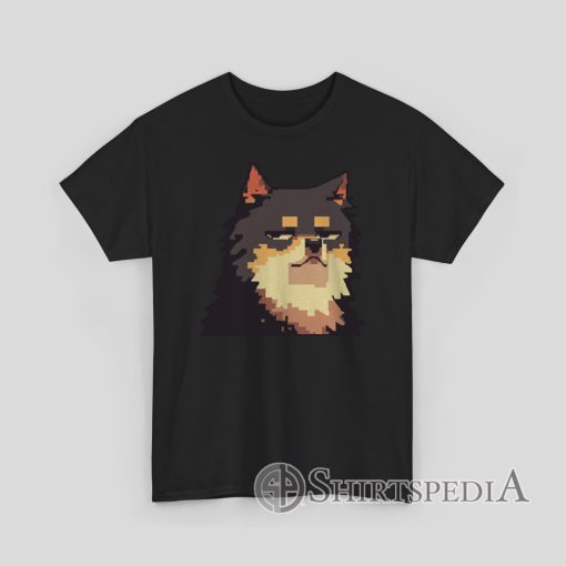 Black t-shirt with pixel art graphic of a fluffy dog making a smug silly face