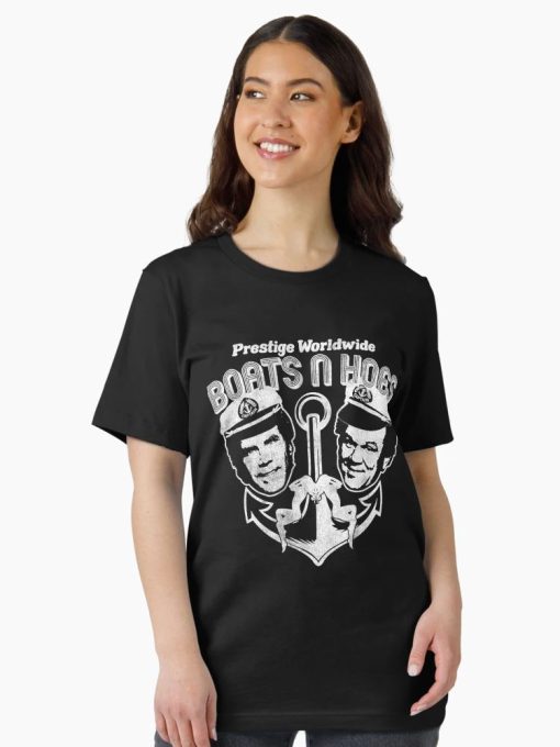 Black Women T-Shirt with distressed white “Boats N Hoes” design featuring two men in captain hats and anchor graphic.