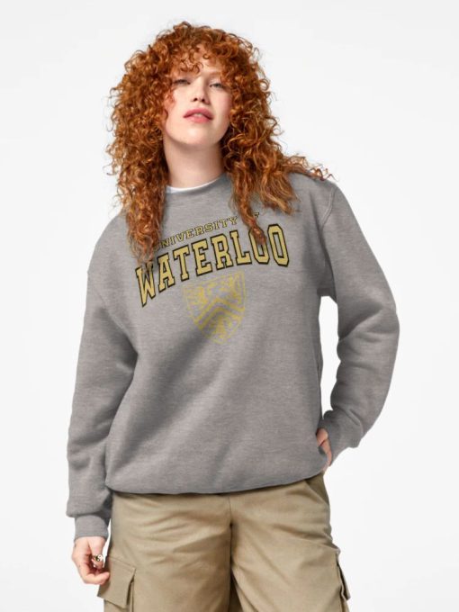 Grey Sweatshirt with “University of Waterloo” text and golden crest printed on the front.
