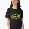 Black T-shirt with distressed yellow “May The Schwartz Be With You” text in sci-fi parody font.
