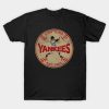 Black t-shirt with vintage New York Yankees design featuring a baseball batter silhouette, distressed circle logo, and red “Yankees” text