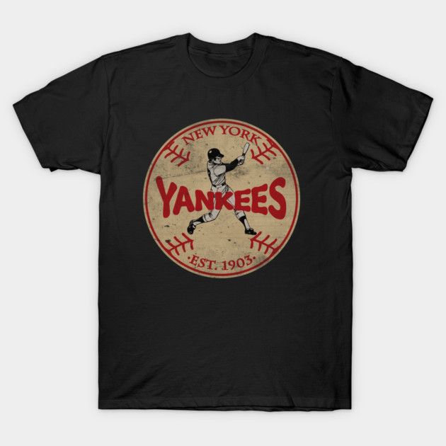 Black t-shirt with vintage New York Yankees design featuring a baseball batter silhouette, distressed circle logo, and red “Yankees” text