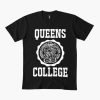 Black Tee with Queens College New York seal in white varsity-style font
