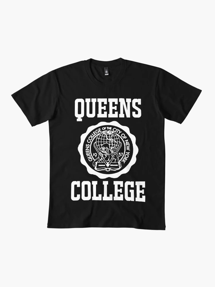 Black Tee with Queens College New York seal in white varsity-style font