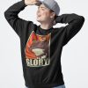 Black sweatshirt with vintage-style GLORY frog meme design in red, orange, and beige