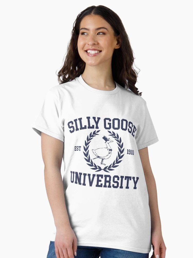 White T-Shirt with “Silly Goose University” text and illustrated goose in laurel crest
