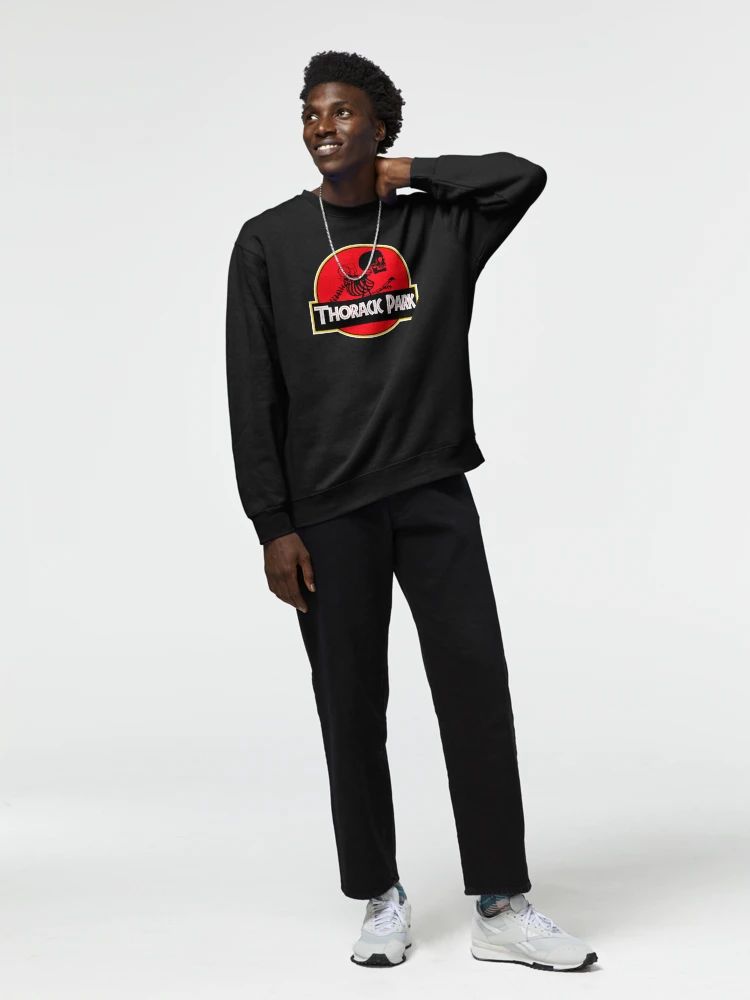 Men Black nursing Sweatshirt with a parody red-and-yellow logo showing a ribcage skeleton and text “Thoracic Park” in bold font