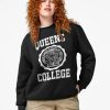 Women Black sweatshirt with Queens College New York seal in white varsity-style font