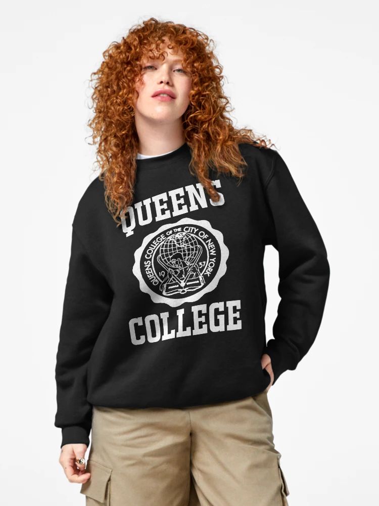 Women Black sweatshirt with Queens College New York seal in white varsity-style font