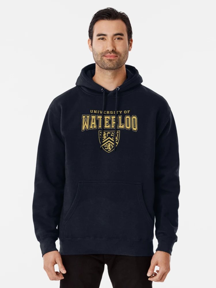 University of Waterloo Hoodie Black hoodie with “University of Waterloo” text and golden crest printed on the front