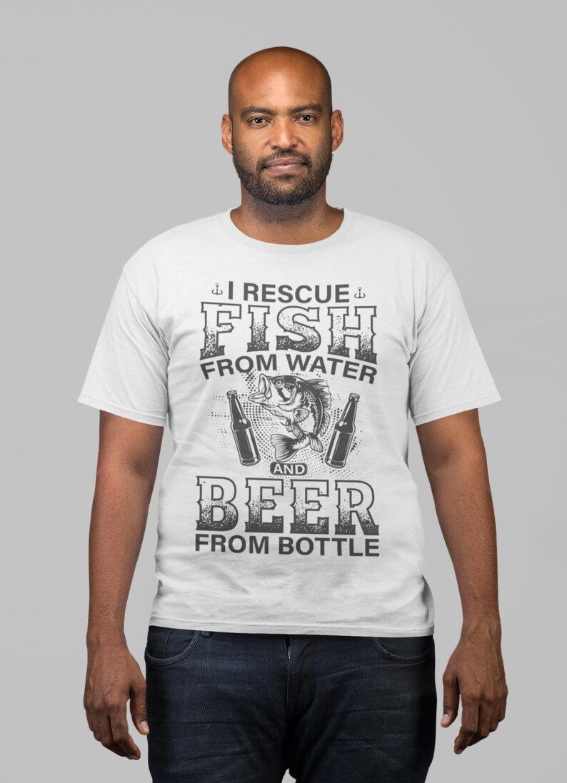 White t-shirt with "I Rescue Fish from Water and Beer from Bottle" design featuring a bass fish and beer bottles.