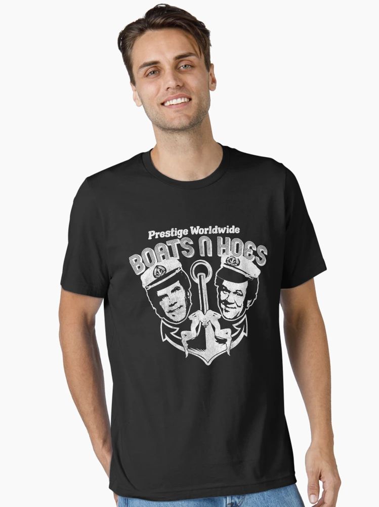 Black T-Shirt with distressed white “Boats N Hoes” design featuring two men in captain hats and anchor graphic.