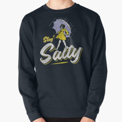 Black Sweatshirt with retro “Stay Salty” text and vintage salt girl parody graphic holding umbrella