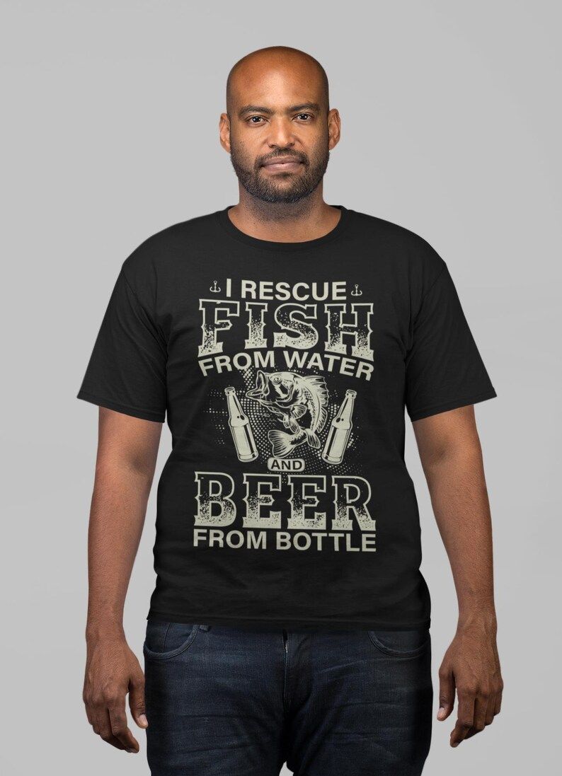 Black t-shirt with "I Rescue Fish from Water and Beer from Bottle" design featuring a bass fish and beer bottles.
