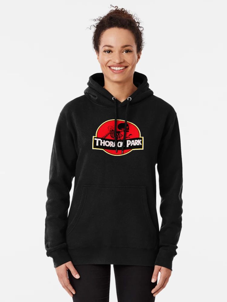 Women Black nursing Hoodie with a parody red-and-yellow logo showing a ribcage skeleton and text “Thoracic Park” in bold font