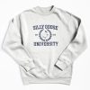 White sweatshirt with “Silly Goose University” text and illustrated goose in laurel crest