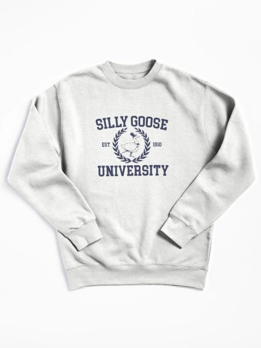 White sweatshirt with “Silly Goose University” text and illustrated goose in laurel crest