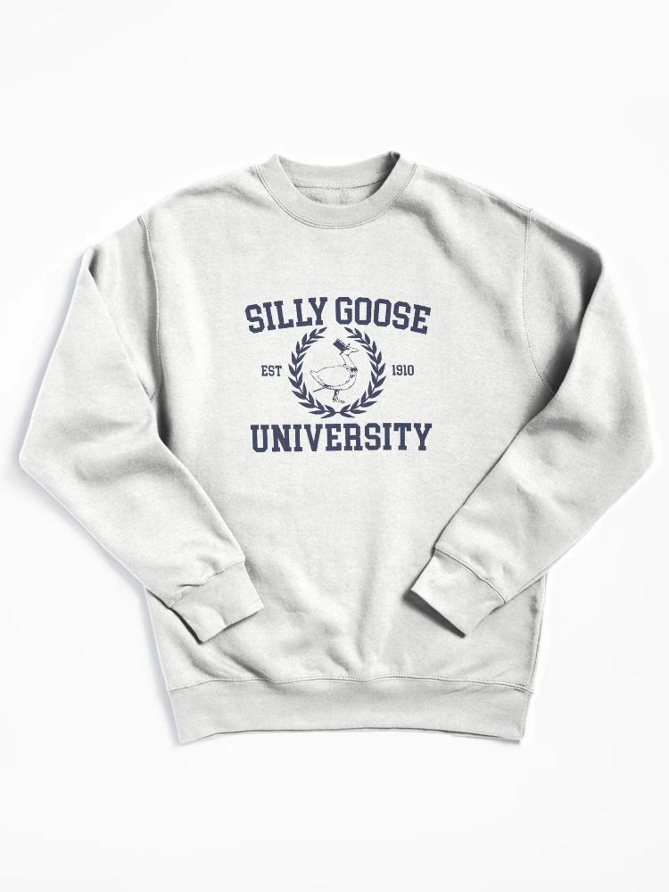 White sweatshirt with “Silly Goose University” text and illustrated goose in laurel crest