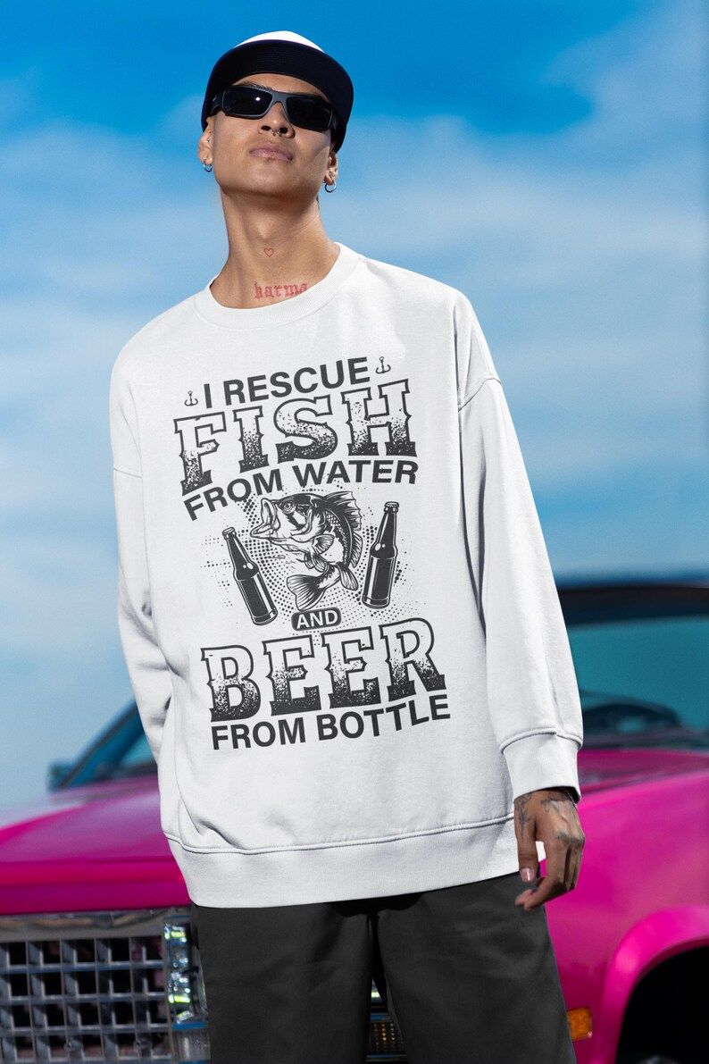 White Sweatshirt with "I Rescue Fish from Water and Beer from Bottle" design featuring a bass fish and beer bottles.