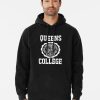 Black Pullover Hoodie with Queens College New York seal in white varsity-style font