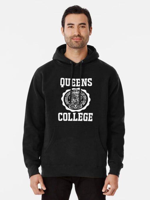 Black Pullover Hoodie with Queens College New York seal in white varsity-style font