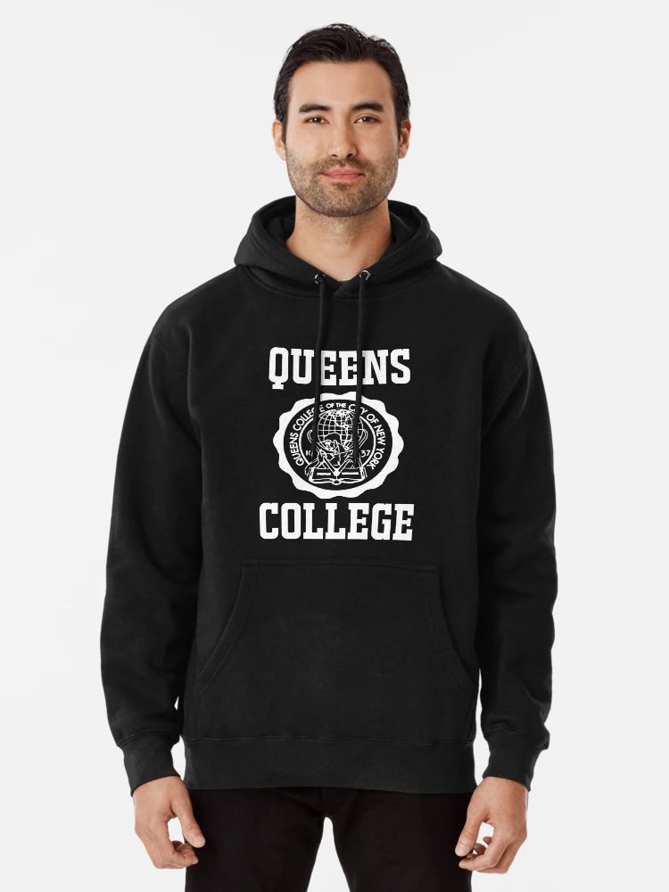 Black Pullover Hoodie with Queens College New York seal in white varsity-style font