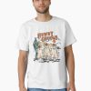 White t-shirt featuring three cartoon ghost cowgirls in a desert scene with “Howdy Ghouls” text, worn by male model