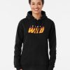 Women Black hoodie with “Stay Wild” flame-text design in yellow and red, worn by a smiling male model