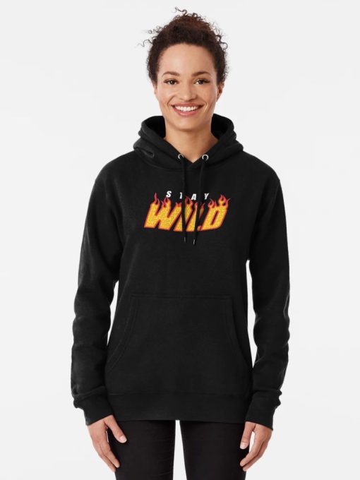 Women Black hoodie with “Stay Wild” flame-text design in yellow and red, worn by a smiling male model