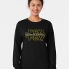 Black sweatshirt with yellow “PEW PEW PEW” text in a sci-fi parody font, worn by a smiling woman