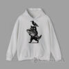 Black cat holding a fish with a crow perched on its head in a bold black graphic design Printed Hoodie