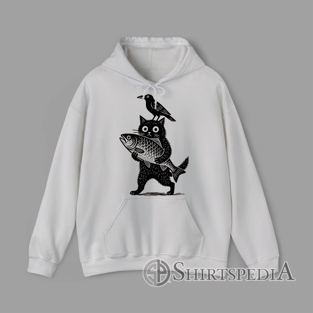 Black cat holding a fish with a crow perched on its head in a bold black graphic design Printed Hoodie