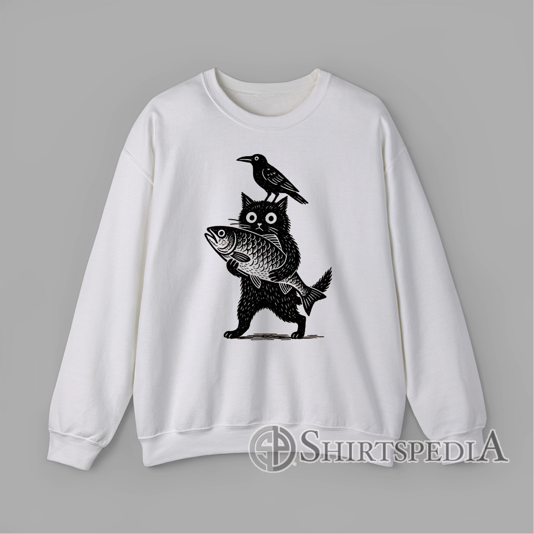 Printed Sweatshirt With Black cat holding a fish with a crow perched on its head in a bold black graphic design