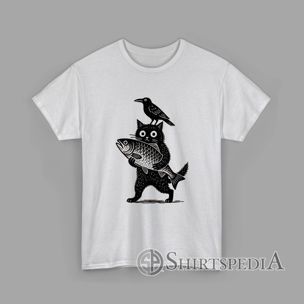 Black cat holding a fish with a crow perched on its head in a bold black graphic design