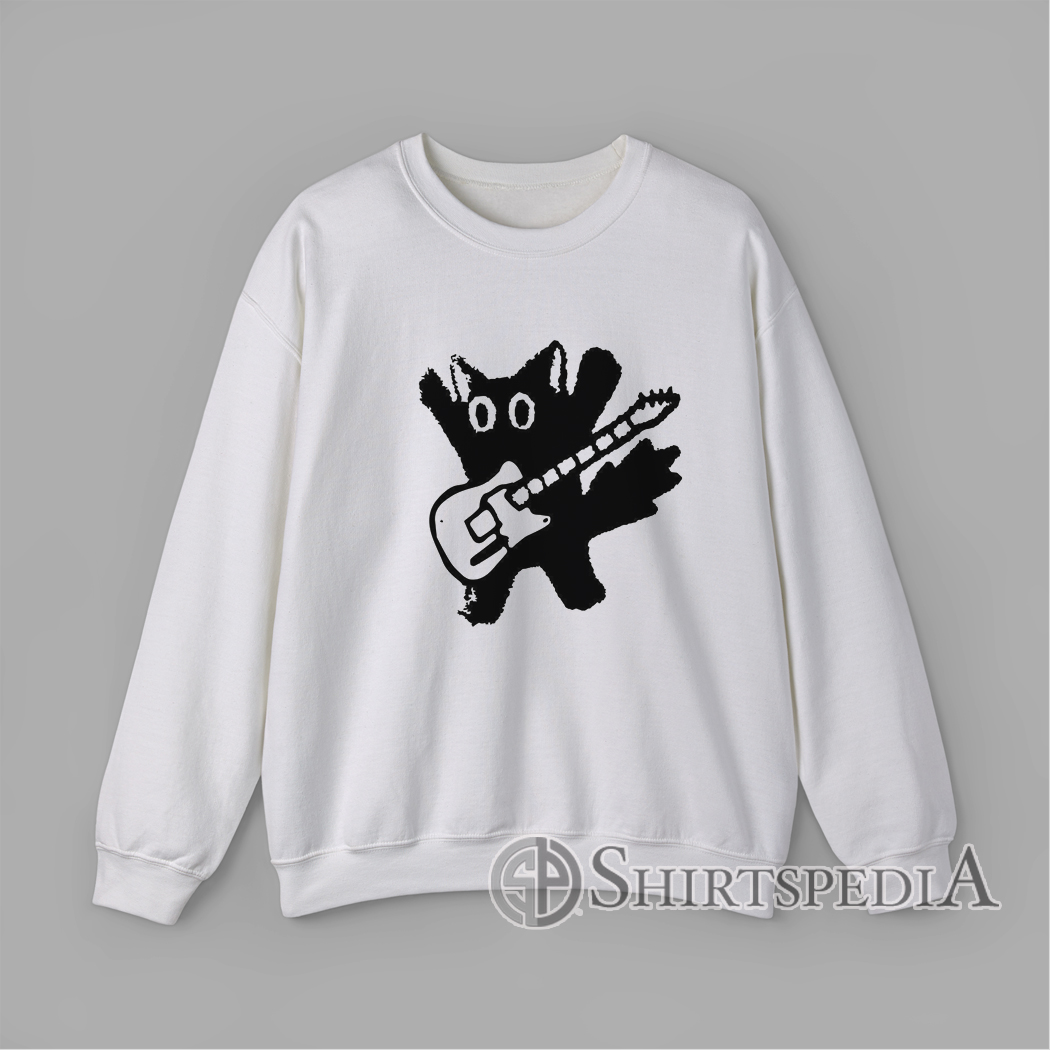 Printed Sweatshirt With Black cat playing electric guitar minimalist graphic design