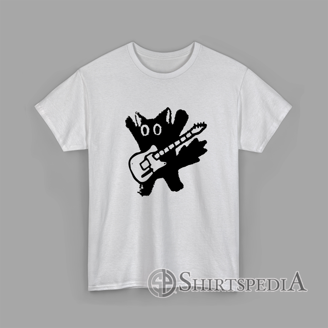 Black cat playing electric guitar minimalist graphic design