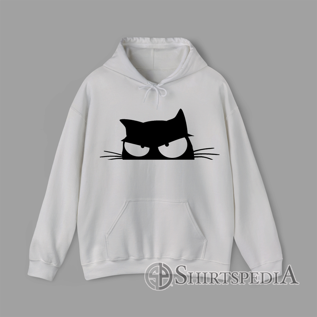 hoodie Minimalist black silhouette of a grumpy cat face with angry eyes on white background.