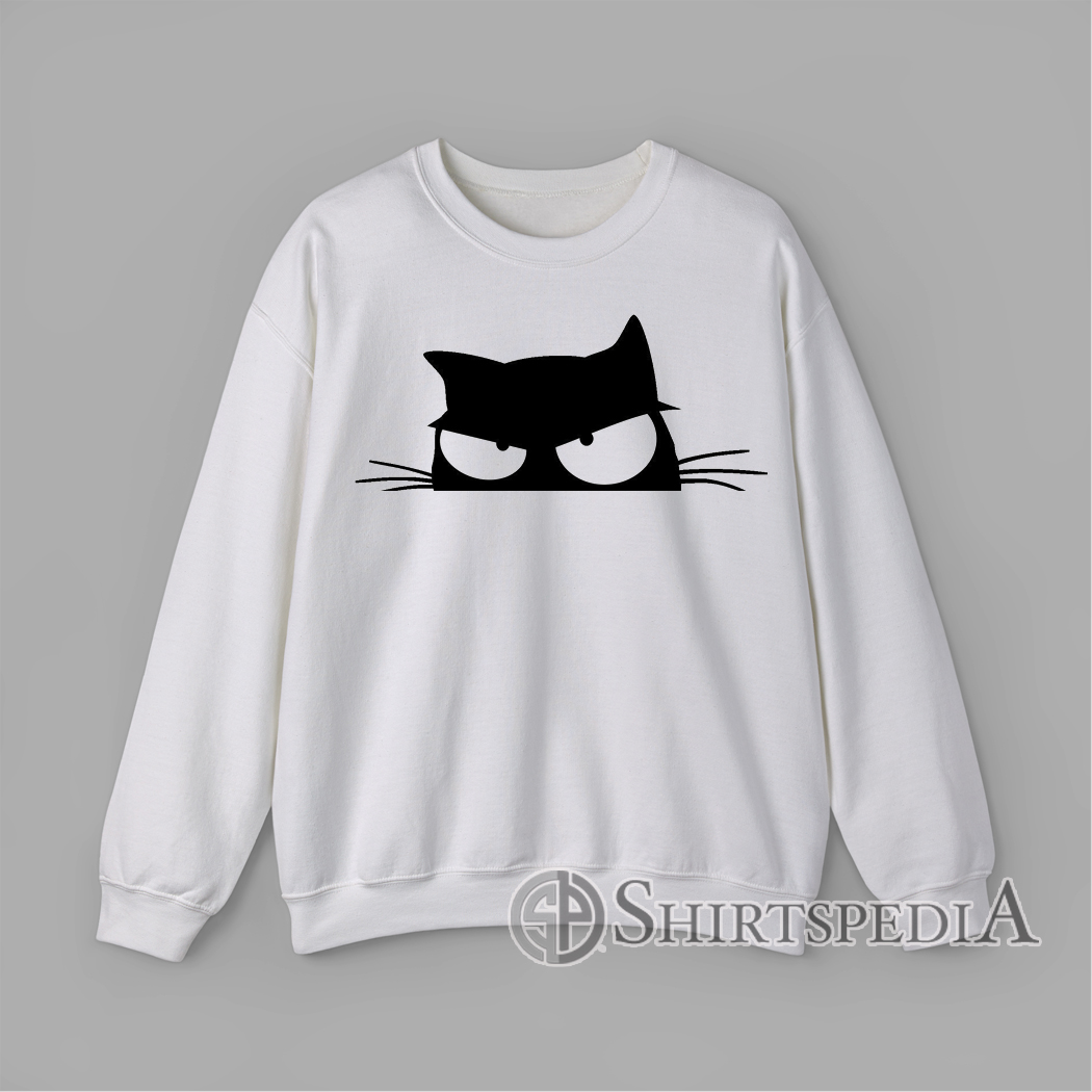 sweatshirt Minimalist black silhouette of a grumpy cat face with angry eyes on white background.