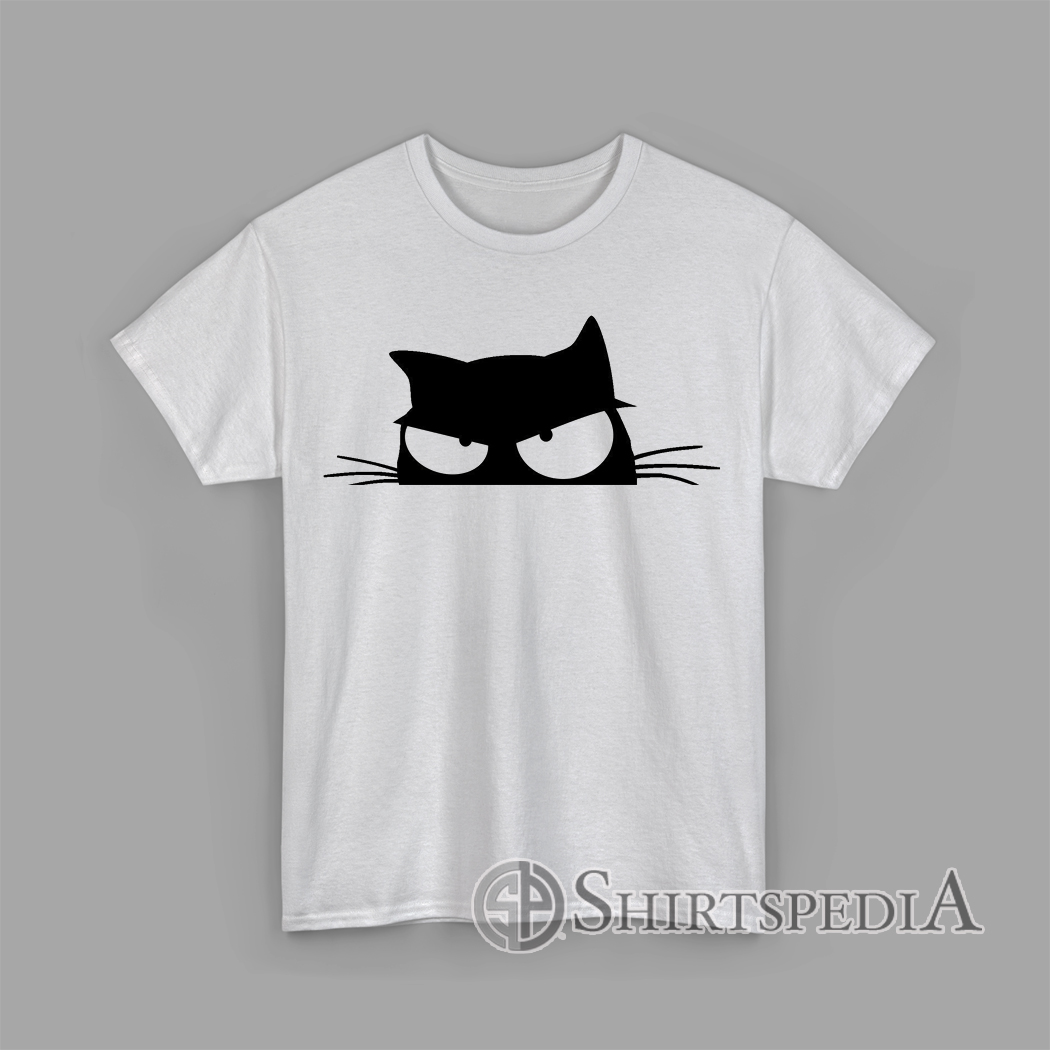 Minimalist black silhouette of a grumpy cat face with angry eyes on white background