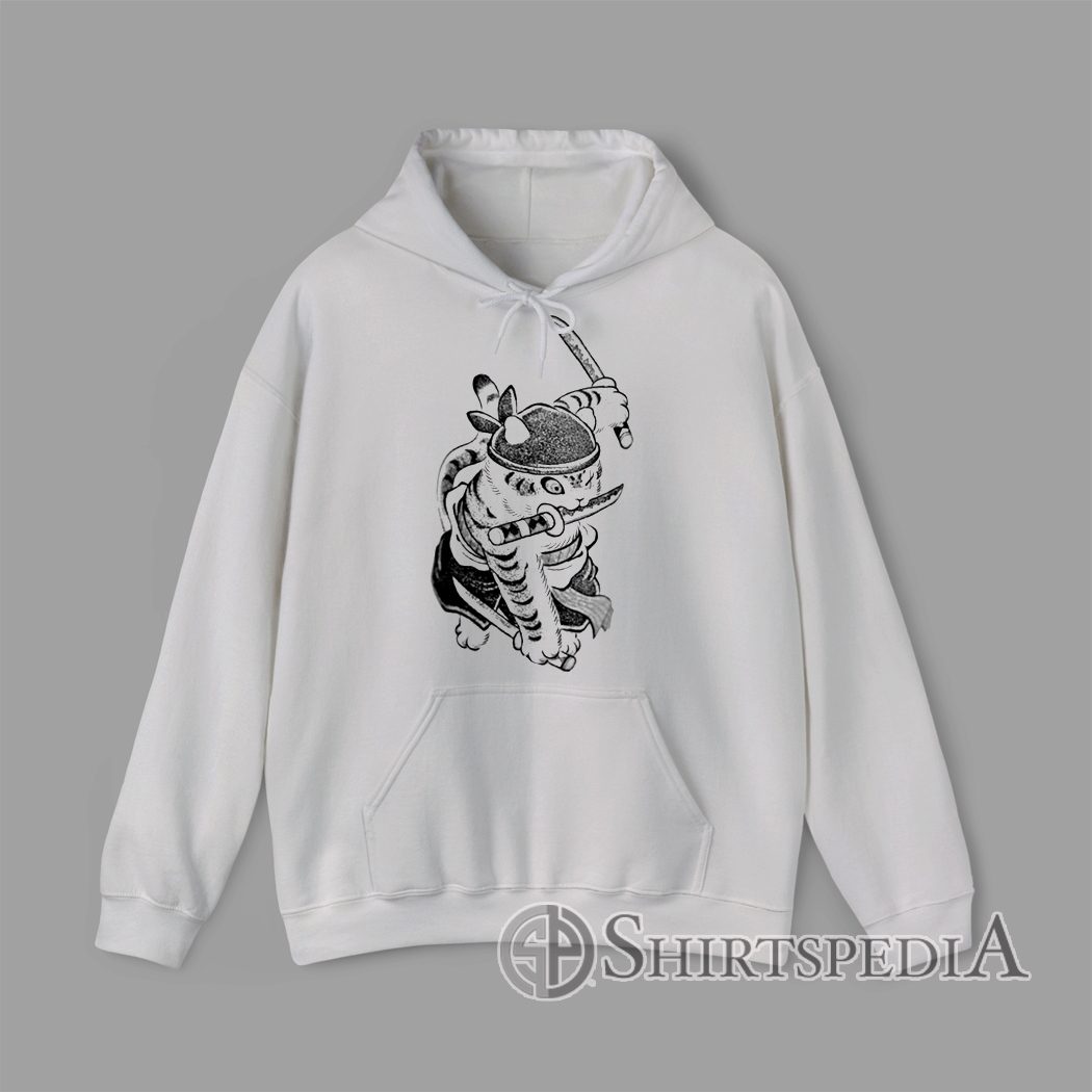 Samurai Cat Warrior Funny Japanese Tattoo Style Ninja Cat Hoodie Illustration of a samurai cat holding swords in Japanese tattoo style printed on Hoodie