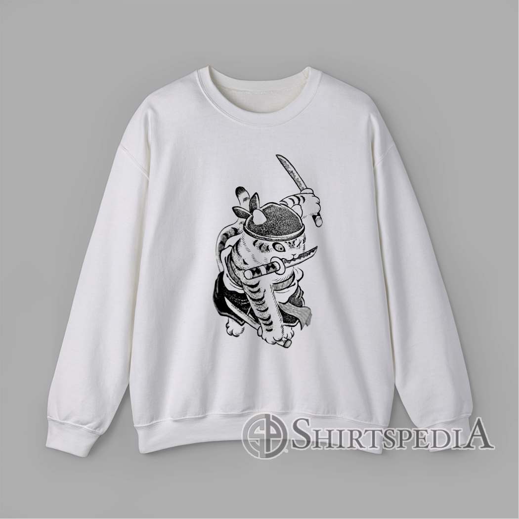 Samurai Cat Warrior Sweater Funny Japanese Tattoo Style Ninja Cat Sweatshirt Illustration of a samurai cat holding swords in Japanese tattoo style printed on Sweatshirt