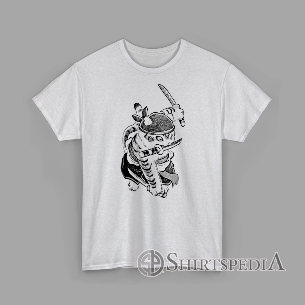Samurai Cat Warrior T-Shirt Funny Japanese Tattoo Style Ninja Cat Tee Illustration of a samurai cat holding swords in Japanese tattoo style printed on t-shirt