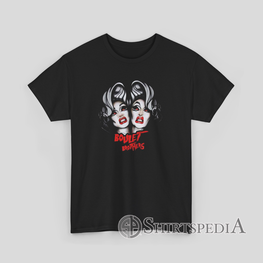 Graphic of two drag queens with dramatic makeup and white hair in horror style, text “Boulet Brothers” in red below.