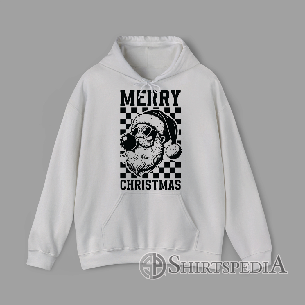 Hoodie Retro Santa Claus wearing heart sunglasses and blowing bubble gum on a black-and-white checkered background with “Merry Christmas” text