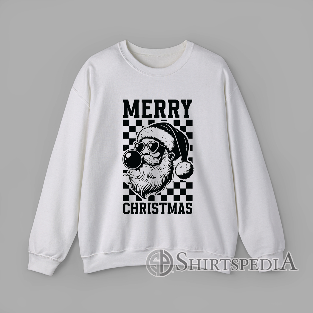 sweatshirt Retro Santa Claus wearing heart sunglasses and blowing bubble gum on a black-and-white checkered background with “Merry Christmas” text