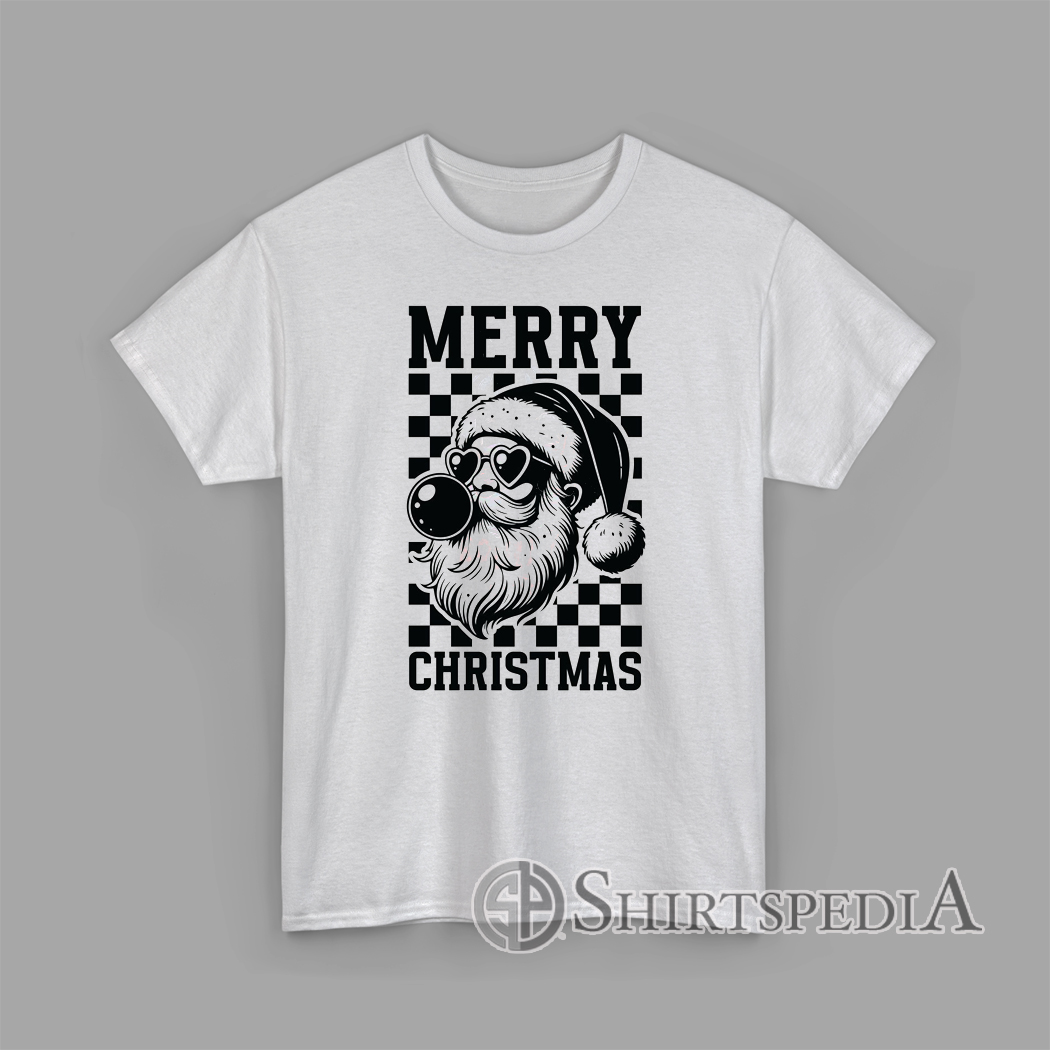 Retro Santa Claus wearing heart sunglasses and blowing bubble gum on a black-and-white checkered background with “Merry Christmas” text