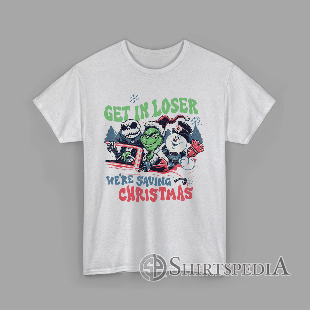 Get In Loser We’re Saving Christmas mashup graphic with skeleton, green creature, and snowman driving in retro holiday design