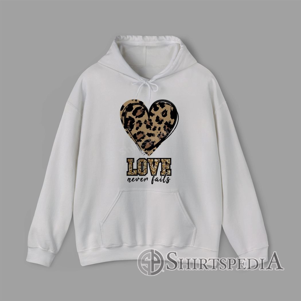 Hoodie With Leopard heart with glitter-style leopard LOVE letters and ‘never fails’ script graphic design