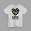 T-Shirt Leopard heart with glitter-style leopard LOVE letters and ‘never fails’ script graphic design