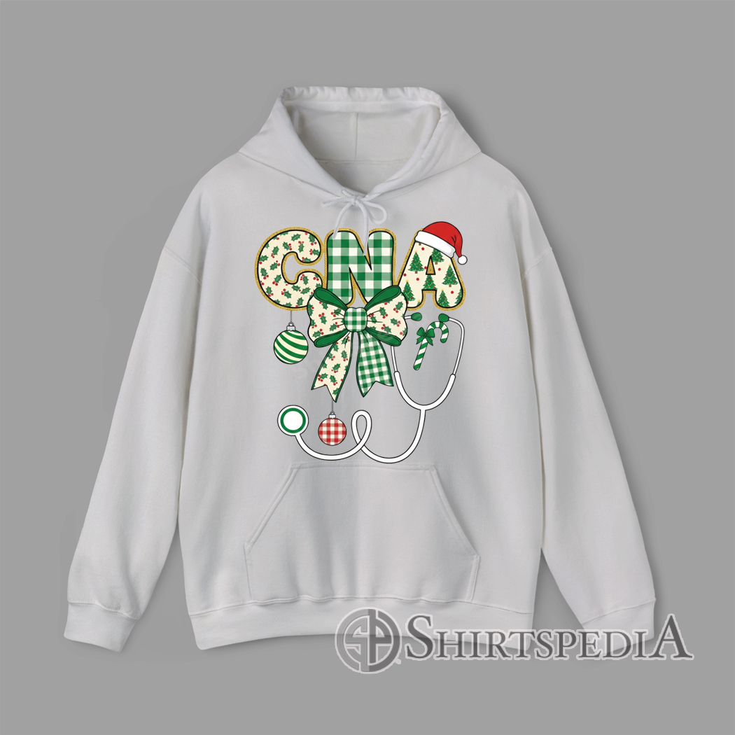 Hoodie CNA Christmas design with gingham letters, Santa hat, Christmas bow, ornaments, candy cane, and stethoscope illustration